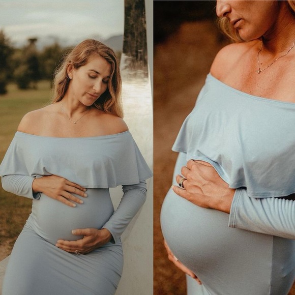 PinkBlush Light Blue Off Shoulder Ruffle Maternity Photoshoot Maxi Dress - Picture 2 of 14